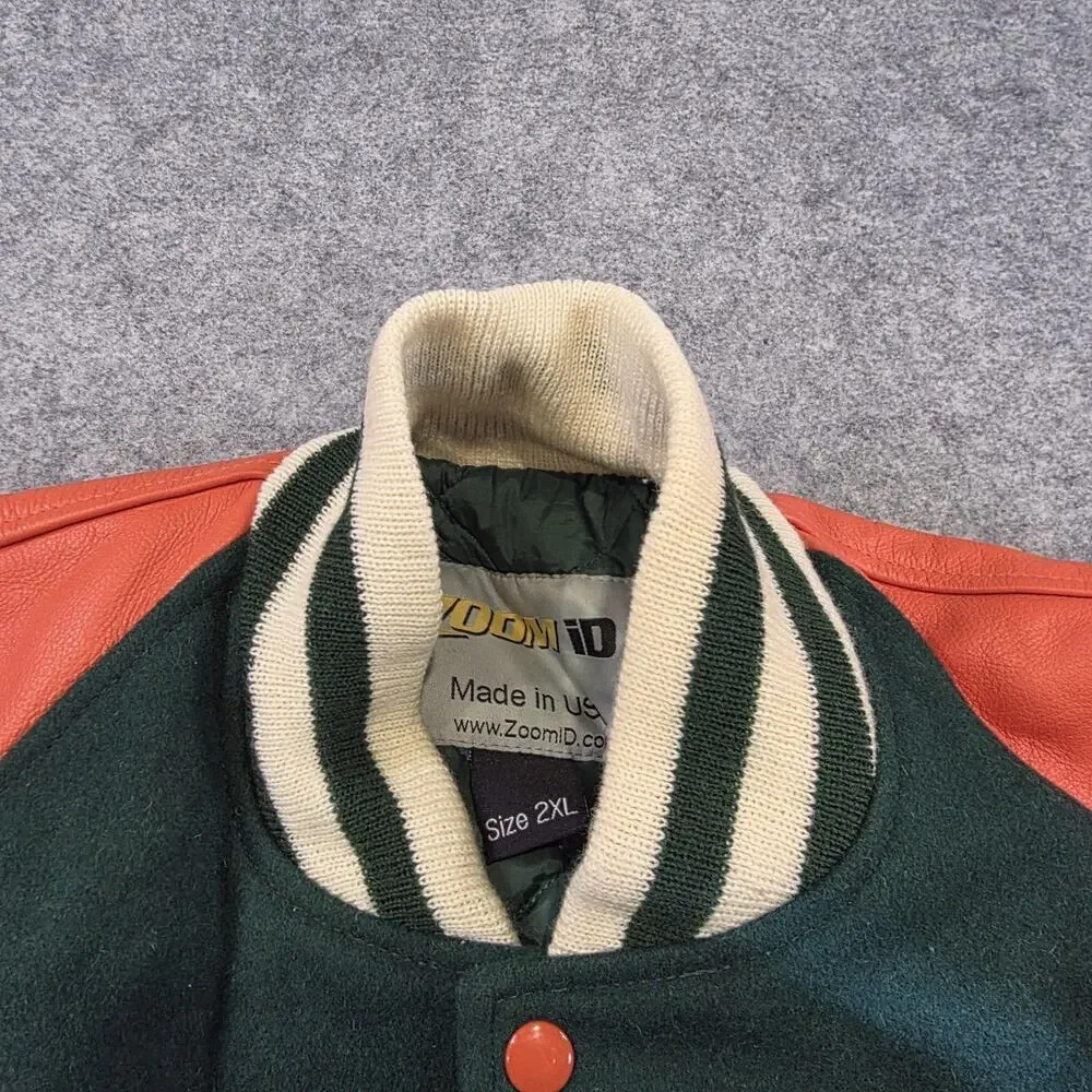 Miami Hurricanes Varsity Jacket Mens 2XL Green Orange NCAA Football Zoom ID Wool